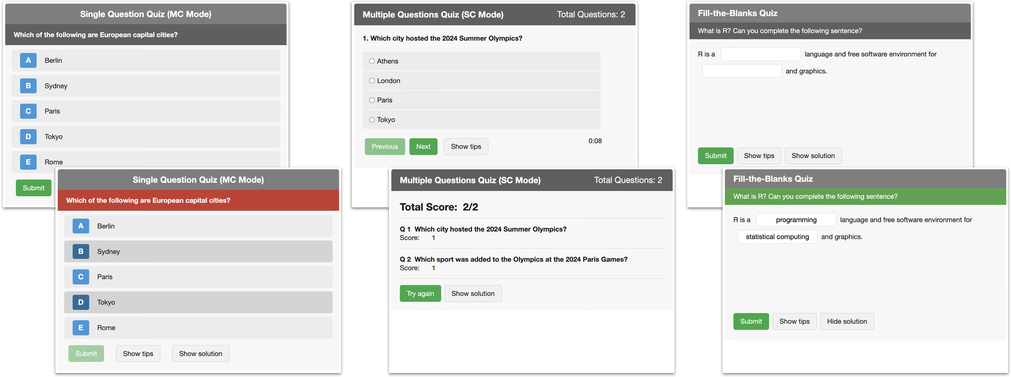 Overview of the three rquiz quiz types: single-page question with multiple-choice options (left), multi-page quiz with navigation and timer (center), and fill-in-the-blank cloze exercise (right)